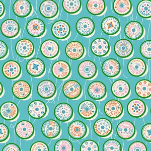 May include: A repeating pattern of vintage-style thread spools on a teal background. Each spool is a circle with a white center and a green border, featuring various text and designs in pink, orange, and blue. The spools are connected by white thread lines.