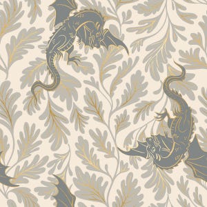 May include: A repeating pattern featuring stylized gray dragons with gold accents, set against a backdrop of cream-colored foliage. The design includes detailed illustrations of dragons and leaves, creating a whimsical and fantasy-themed aesthetic.