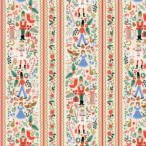 May include: A festive Christmas-themed pattern featuring vertical stripes of red and gold. The design includes nutcrackers, gingerbread men, and other holiday elements on a cream background. The word "JOY" is also included in the design.