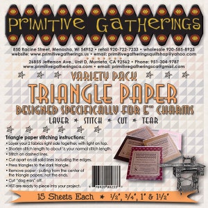 May include: A variety pack of triangle paper designed for 5" charms. The image shows several packs of paper with different patterns and colors, along with a sewing machine illustration. The text includes instructions and measurements.
