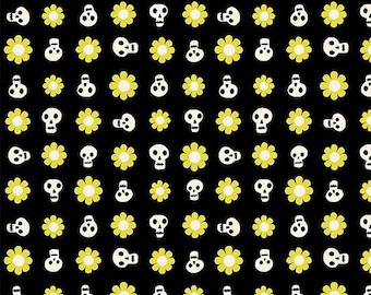 ¡En stock! Tela Ruby Star Good Spirits Skulls en negro RS5141 14G - Brilla en la oscuridad. Se vende en media yarda, cortada en tiras.