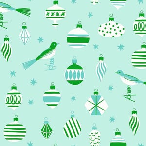 May include: A light mint green background featuring a repeating pattern of various Christmas ornaments in white, dark green, and light blue. The design includes round, teardrop, and geometric baubles alongside small birds and star shapes.