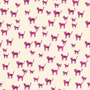 May include: A repeating pattern of pink tigers with black stripes on a cream background. The tigers are in various sizes and poses, creating a playful and whimsical design. This pattern is suitable for fabric, wallpaper, or other decorative applications.