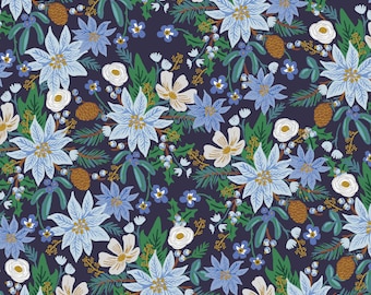 Holiday Classics 2 Poinsettia Bouquet in Navy Metallic by Rifle Paper - Fabric Sold by Half Yard Increments