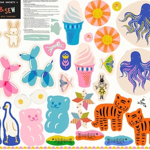 May include: A colorful fabric panel featuring various cut-and-sew projects. Designs include ice cream cones, octopuses, tigers, fish, and other whimsical shapes. The text "CUT & SEW PROJECTS WITH PURPOSE" is visible.