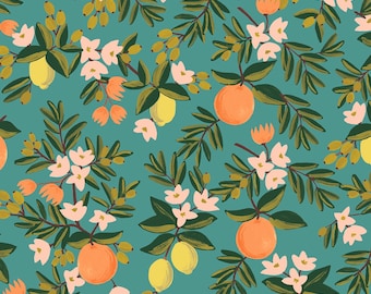 Primavera by Rifle Paper Co for Cotton and Steel in Teal Citrus Floral - Fabric by the Half Yard