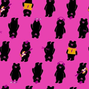 May include: A seamless pattern featuring black bears with various accessories on a bright pink background. The bears are wearing headphones, holding guitars, and have mohawks. Some bears are upside down.