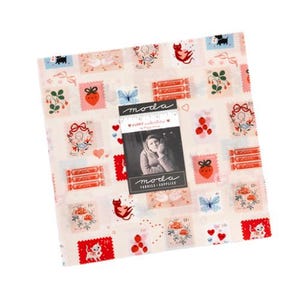 May include: A square fabric panel with a repeating pattern of postage stamp designs in red, pink, blue, and black. The stamps feature strawberries, cats, butterflies, and floral arrangements. A black and white photo with text is centered on the fabric.