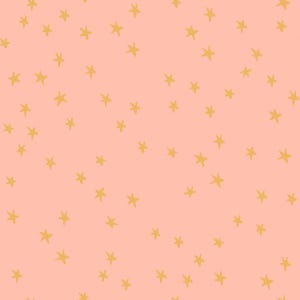 May include: A repeating pattern of hand-drawn gold stars scattered across a soft peach background. The stars vary slightly in size and orientation, creating a whimsical and playful design. This pattern is suitable for various applications, such as fabric or wallpaper.