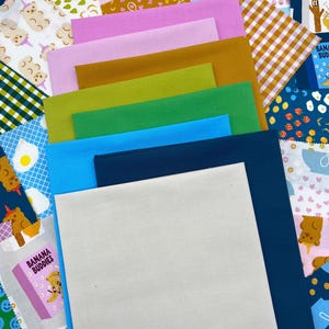 May include: A collection of colorful fabric swatches in various shades of blue, green, pink, and brown. Some fabrics feature playful patterns, including bears, strawberries, and gingham. The image also includes fabric with the text "Banana Buddies" and "Fiber Frenemies".