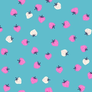May include: A repeating pattern of stylized strawberries in pink and off-white with green stems scattered on a bright teal background. The strawberries are evenly spaced, creating a playful and summery design.