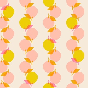 May include: A seamless pattern featuring alternating rows of pink and yellow circles with pink leaves. The circles are arranged in vertical lines.