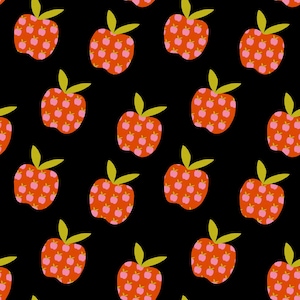 May include: A repeating pattern of stylized red apples with pink apple-shaped designs on a black background. Each apple has a green stem and leaf. This design is suitable for fabric, wallpaper, or digital art.