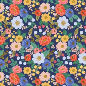 May include: A seamless pattern featuring a variety of colorful flowers on a navy blue background. The flowers include pink, red, yellow, blue, and white blooms. The pattern is perfect for fabric, wallpaper, or other decorative projects.