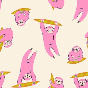 May include: A seamless pattern featuring pink sloths in various poses, including hanging upside down, surfing, and sitting on a surfboard. The sloths are on a light yellow background.