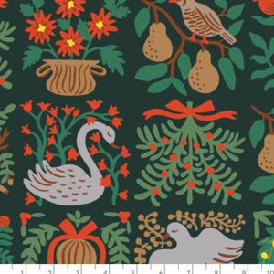May include: A dark green fabric with a repeating pattern of swans, pears, flowers, and wreaths. The pattern is in shades of red, green, brown, and white.