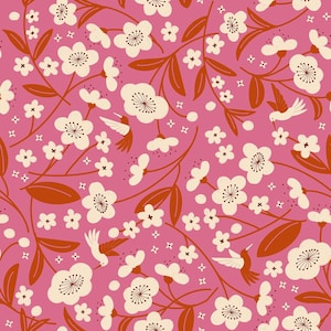 May include: A seamless pattern featuring off-white cherry blossoms and small hummingbirds on a vibrant pink background. The design includes thin brown branches and solid brown leaves, creating a repeating botanical illustration across the surface.