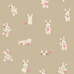 May include: A repeating pattern on a light brown background featuring cream-colored cartoon rabbits in various poses. Each rabbit wears pink headphones connected by a cord to a small pink music player, creating a playful and rhythmic visual design.