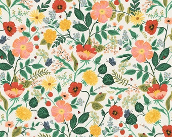 May include: A seamless pattern featuring a variety of flowers, leaves, and berries in shades of red, pink, yellow, and green on a white background.