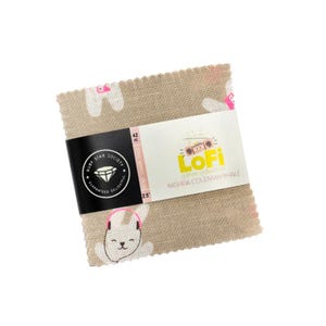 May include: A stack of 42 square fabric pieces with pinked edges, featuring a beige linen texture with white and pink bunny illustrations. A black and white paper band wraps around the center, labeled LoFi, 42 PC, and 2.5 inches.