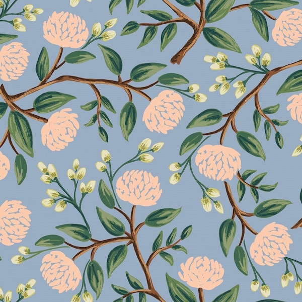 Wildwood by Rifle Paper Co for Cotton and Steel Dusty Blue Peonies - Fabric by the Half Yard