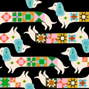 May include: A repeating pattern on a black background featuring cream-colored dachshunds. Each dog has light blue ears with geometric designs and a body decorated with a series of colorful, square quilt-inspired blocks in shades of pink, green, orange, and yellow.