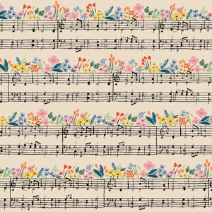 May include: A decorative musical score design featuring black musical notes on a beige background. Colorful floral arrangements in pink, yellow, blue, and orange adorn the top and bottom of each musical staff, creating a whimsical and artistic pattern.