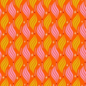 May include: A repeating pattern of stylized flames in pink and yellow on an orange background. Small white starbursts are scattered throughout the design. The flames have a retro, mid-century modern aesthetic.