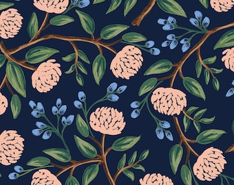 Wildwood by Rifle Paper Co for Cotton and Steel Navy Blue Peonies - Fabric Sold by Half Yard Increments, Cut Continuously