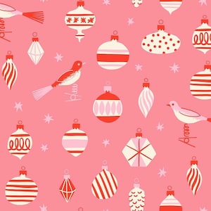 May include: A repeating pattern on a pink background featuring various white and red Christmas ornaments in shapes like spheres, teardrops, and diamonds, interspersed with stylized red and white birds and small white star shapes throughout.