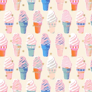 May include: A repeating pattern of colorful ice cream cones on a cream background. The ice cream swirls are pink, white, and blue, with cones in shades of pink, orange, and blue. Gold star accents are scattered throughout the design.