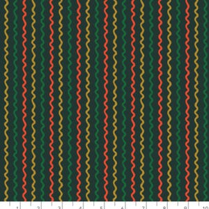 May include: A fabric with a repeating pattern of wavy lines in red, green, and gold on a dark blue background. The fabric is marked with numbers 1 through 10.