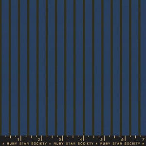 May include: A fabric swatch featuring a pattern of vertical black stripes on a deep blue background. A black ruler with white markings and the text RUBY STAR SOCIETY is visible at the bottom, measuring from 0 to 7 inches in length.