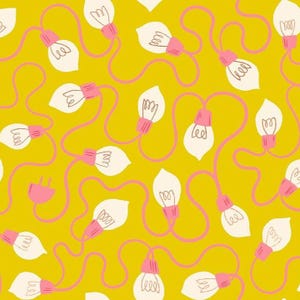 May include: A repeating pattern on a mustard yellow background featuring white light bulbs with pink bases connected by winding pink electrical cords and a single pink electrical plug, creating a continuous decorative graphic design.