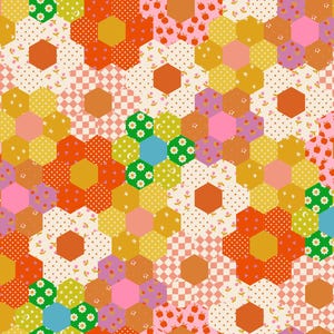 May include: A colorful floral pattern featuring a patchwork design of hexagonal shapes. The design incorporates various patterns, including polka dots, gingham, and floral prints, in shades of orange, pink, yellow, and green. The overall aesthetic is cheerful and whimsical.