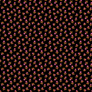 May include: A black fabric featuring a repeating pattern of small, stylized pink flowers with brown stems and leaves. The floral design is evenly spaced across the dark background, creating a consistent and uniform botanical print.