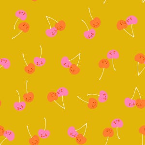 May include: A repeating pattern of cartoon cherries on a mustard yellow background. The cherries are in pairs, with smiling faces, in shades of pink and orange. White stems and leaves complete the design.