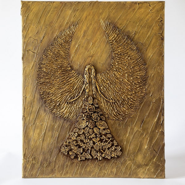 Original 3D Relief Painting on Canvas, Texture Acrylic Angel Painting, Angel Wings, Relief Embossed Angel Acrylic Painting created by me..