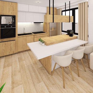 Könnte beinhalten: Moderne Kücheneinrichtung mit hellen Holzschränken, einer weißen Thekeninsel mit Sitzgelegenheiten und Einbaugeräten. Der Raum verfügt über helle Holzböden, ein Sofa und eine dekorative Holzwand.