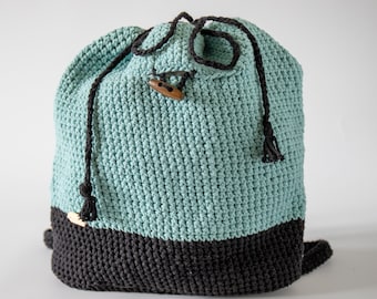 Durable cotton crochet backpack with lining and pocket on the front, alternative woman purse.