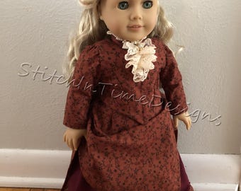 1880 Rust orange and burgundy Victorian Bustle Day Dress for 18 inch dolls