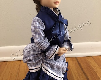 1870s Blue Satin Victorian bustle dress for 16 inch dolls such as A Girl for All Time
