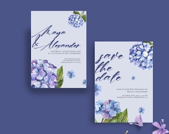 Lot de faire-part de mariage élégant de 5 x 7 pouces et "Retenez cette date" avec des hortensias violets/bleus et une police d'écriture manuscrite