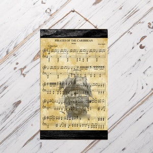 Pirates of the Caribbean Black Pearl Ship Sheet Music Art Print, Black Wood Framed Canvas Print