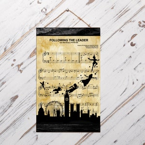 Peter Pan Silhouette  Following the Leader Sheet Music Art Print, Black Wood Framed Canvas Print