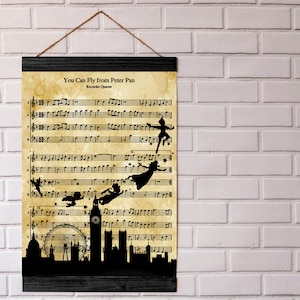 Peter Pan Silhouette You Can Fly Sheet Music Art Print, Black Wood Framed Canvas Print