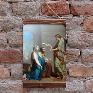 Regalo de boda de la boda de José y María, regalo de aniversario basado en una tarjeta sagrada vintage, impresión de arte católico, lienzo enmarcado en madera
