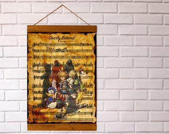 May include: A vintage-style print featuring the characters from the Kingdom Hearts video game series. The print is on a parchment-like background with musical notes and the title "Dearly Beloved" at the top. The characters are Sora, Riku, Kairi, Donald Duck, Goofy, and Mickey Mouse.