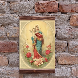 Estampilla sagrada de la Virgen María y el Niño basada en una estampilla sagrada vintage Impresión de arte católico Lienzo enmarcado en madera