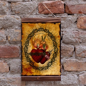 Cuori della Sacra Famiglia basato su un biglietto sacro francese vintage - Stampa artistica cattolica Stampa su tela con cornice in legno, regalo perfetto